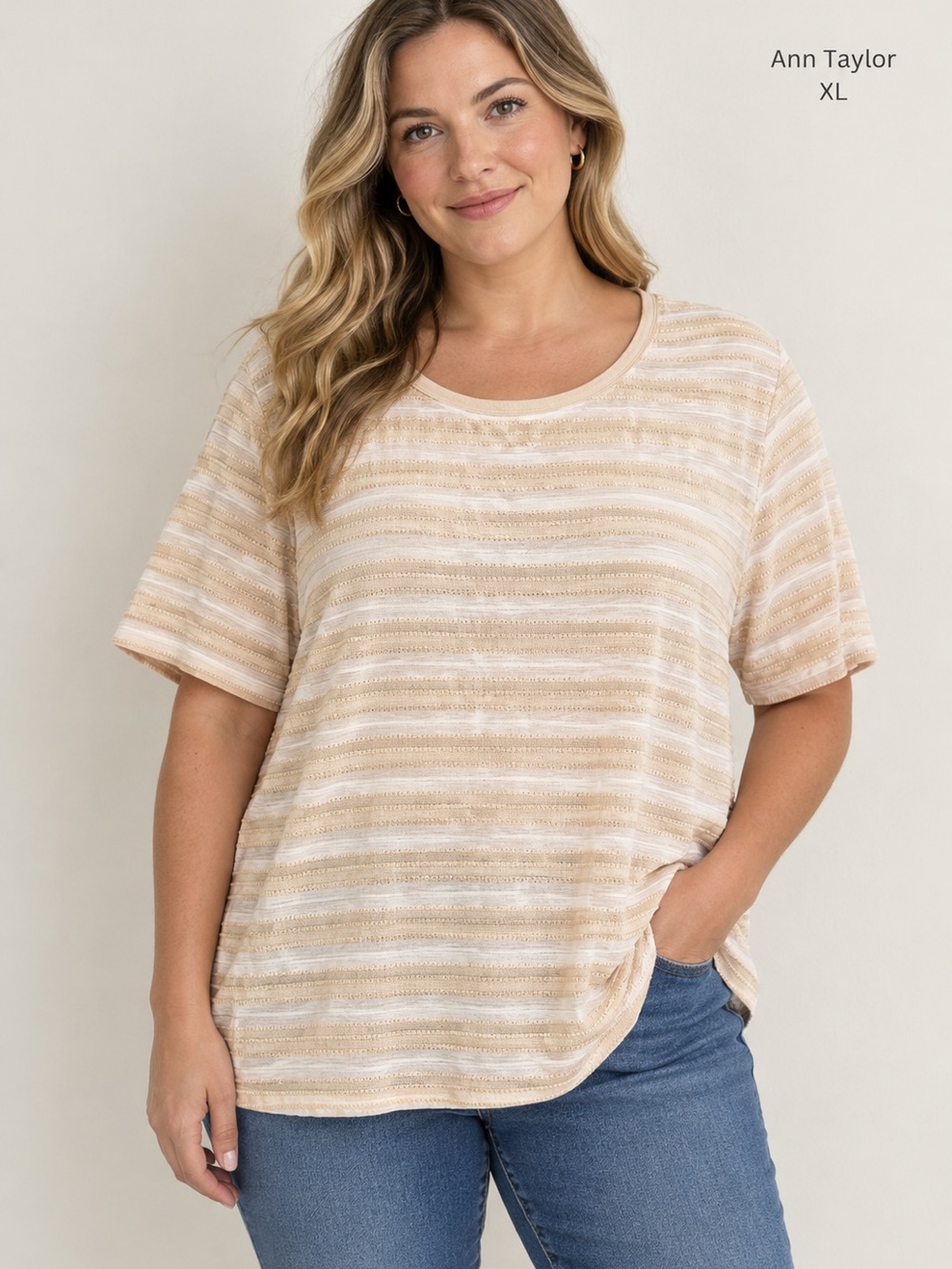 Ann Taylor Beige & Cream Striped Short Sleeve Top